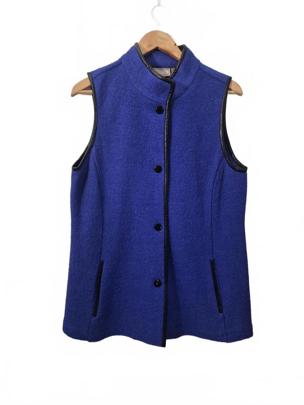 Chico’s Women’s Royal Blue Boiled Wool Vest Faux Leather Trim Size 1 Medium
